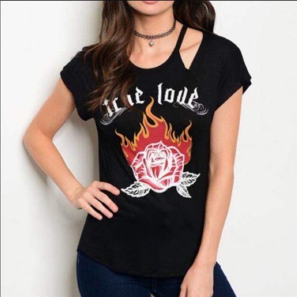 Papermoon Tops - True love flaming rose 'true love' peek-a-boo sleeve cold shoulder t-shirt